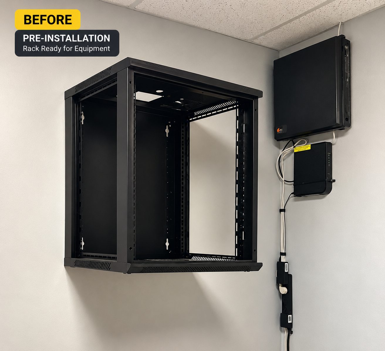 ISEEU TECHS installation: wall-mounted rack prepared and ready for equipment
