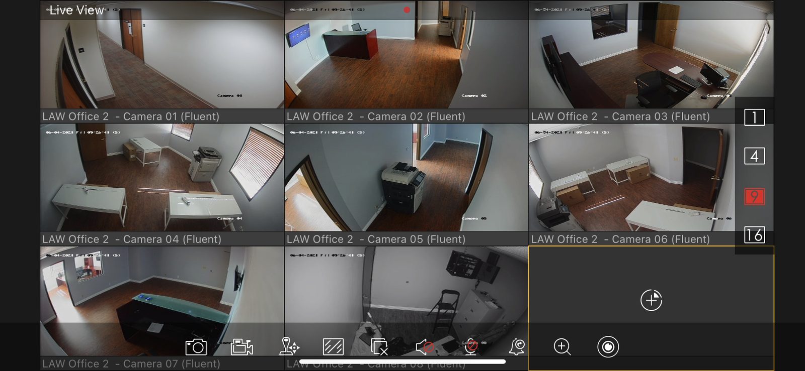 ISEEU TECHS installation: live view grid of office security cameras on a monitoring screen